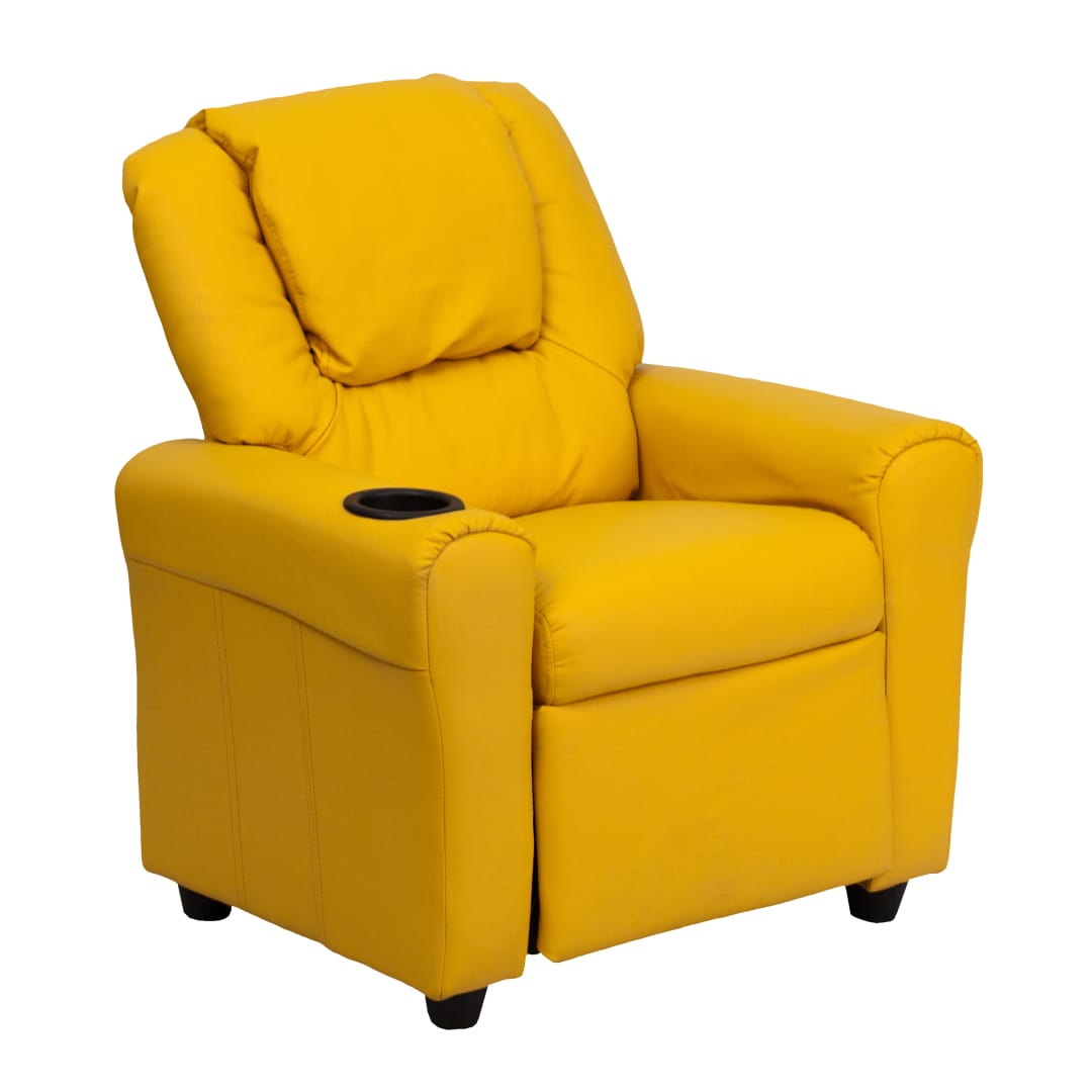 Vana Contemporary Yellow Vinyl Kids Recliner with Cup Holder and Headrest