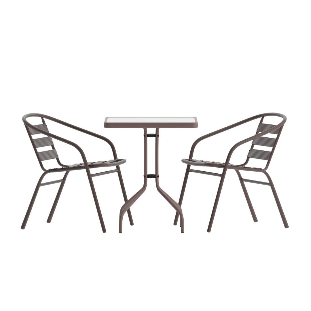 Lila 23.5'' Square Glass Top Metal Table with 2 Bronze Aluminum Slat Stack Chairs