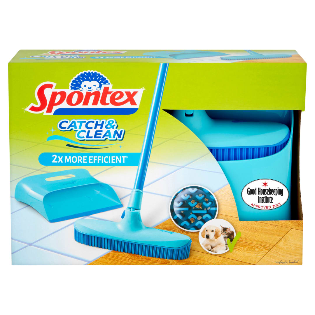 Spontex Catch & Clean Set de escoba y recogedor de goma para interiores - Set de recogedor y cepillo para eliminar el pelo de mascotas - Para barrer la suciedad y limpiar múltiples superficies