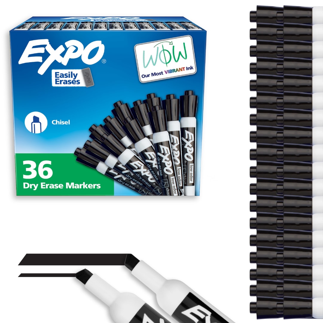 EXPO Dry Erase Markers, Low Odor Ink, Black, Chisel Tip, 36 Count