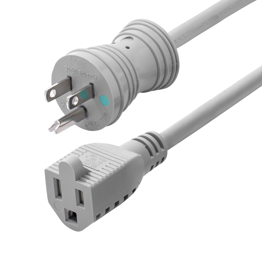 Hospital-Grade Extension Cord, NEMA 5-15P to NEMA 5-15R - Gr
