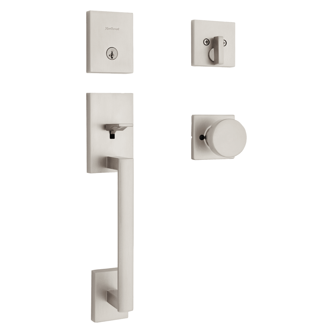 San Clemente Single Cylinder Low Profile Handleset w/ Square Pismo Knob featuring SmartKey Security™ in Satin Nickel