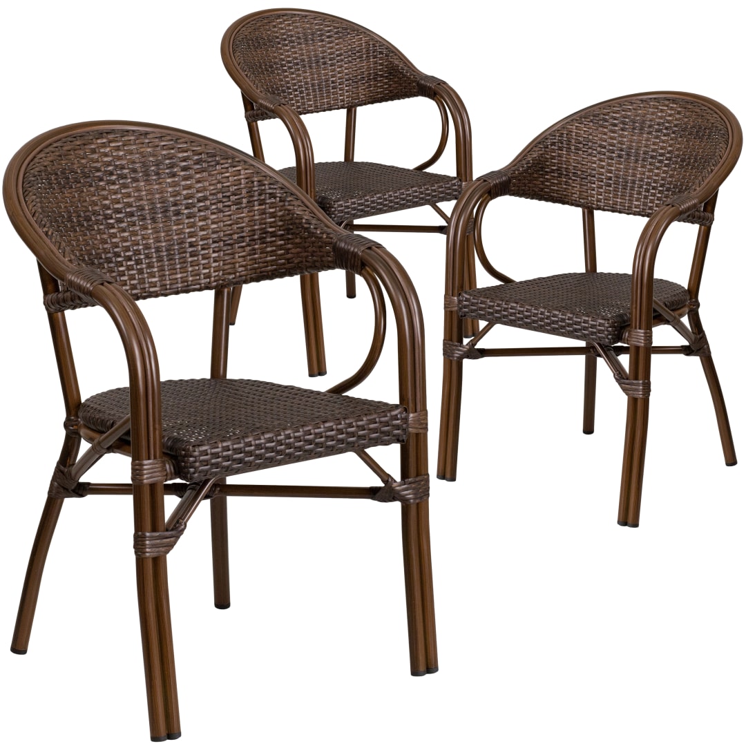Lila 3 Pack Bark Brown Rattan Restaurant Patio Chair with Bamboo-Aluminum Frame