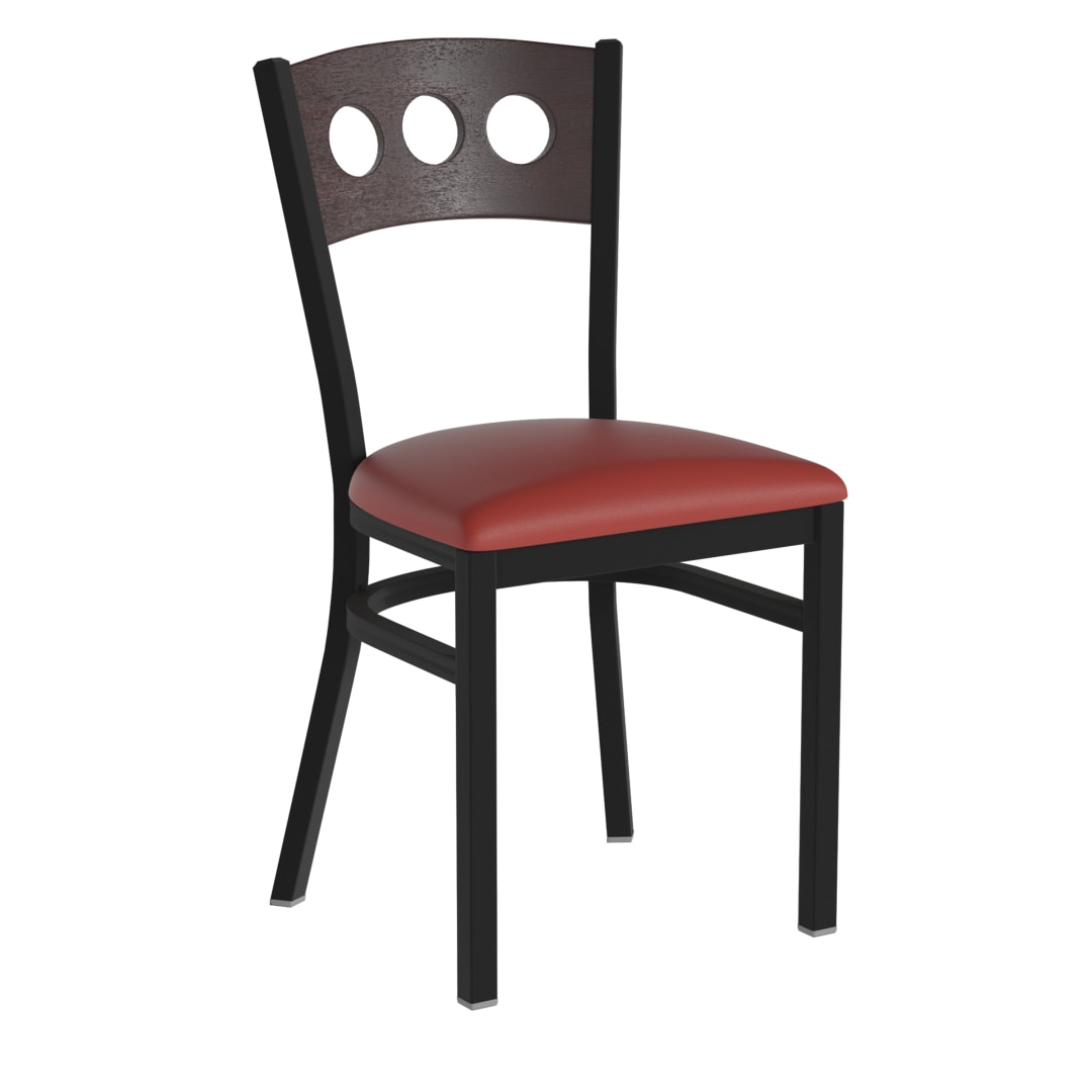 HERCULES Black 3 Circle Back Metal Restaurant Chair - Walnut Wood Back, Red Vinyl Seat