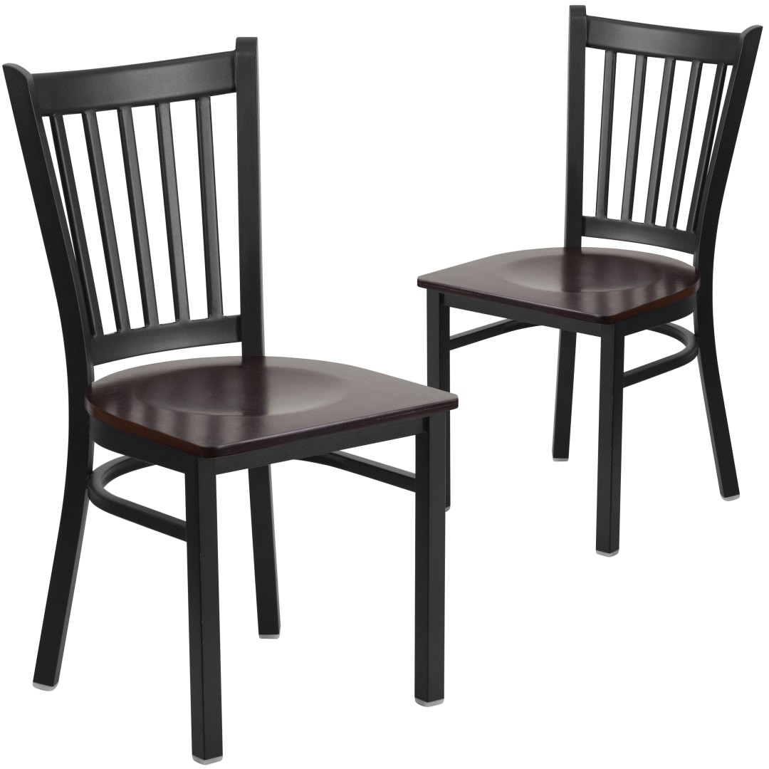 2 Pack HERCULES Series Black Vertical Back Metal Restaurant Chair - Walnut Wood Seat