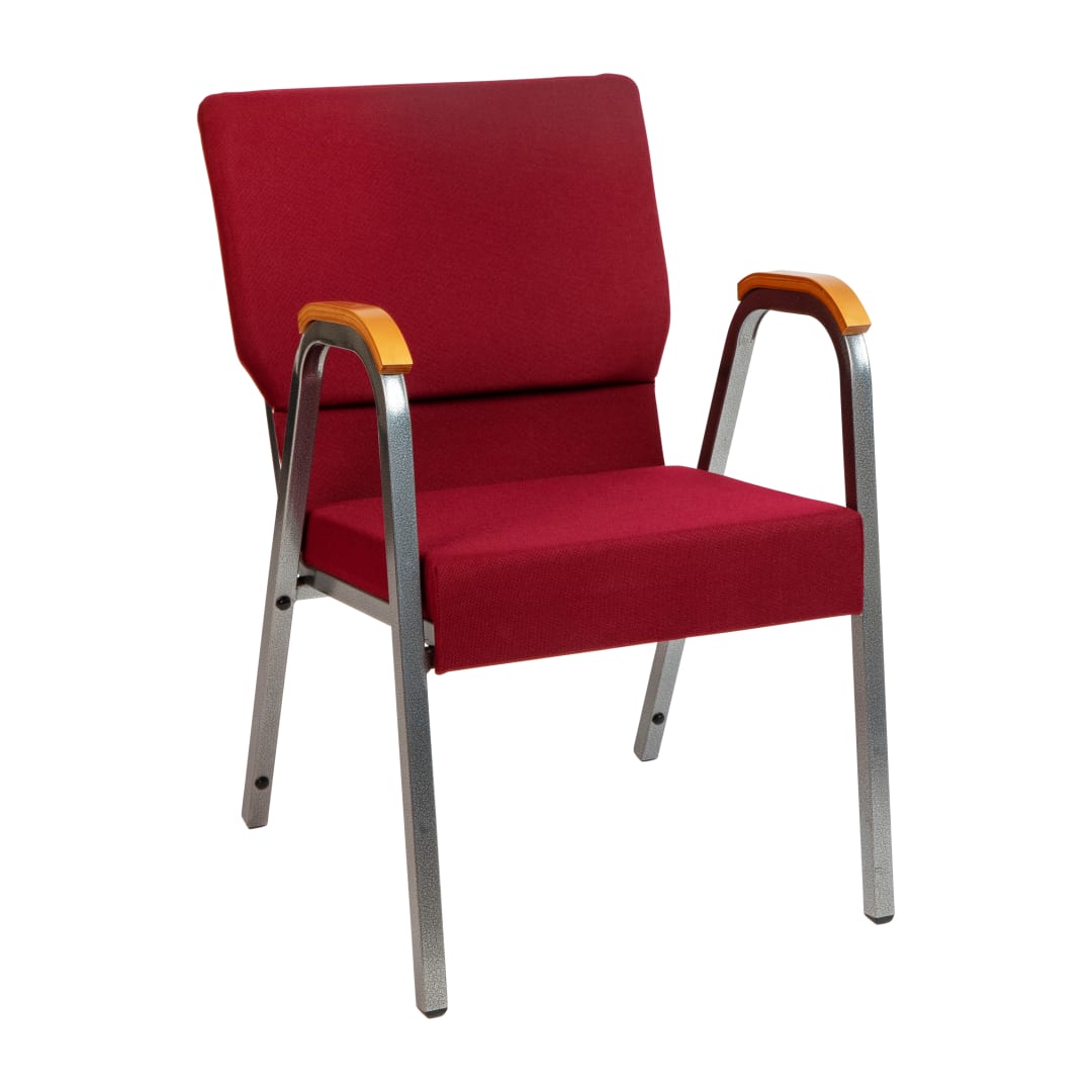 HERCULES Series 21"W Stacking Wood Accent Arm Church Chair in Burgundy Fabric - Silver Vein Frame