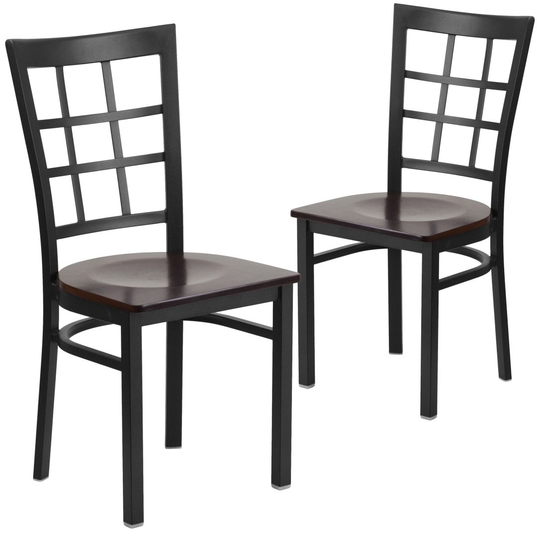 2 Pack HERCULES Series Black Window Back Metal Restaurant Chair - Walnut Wood Seat