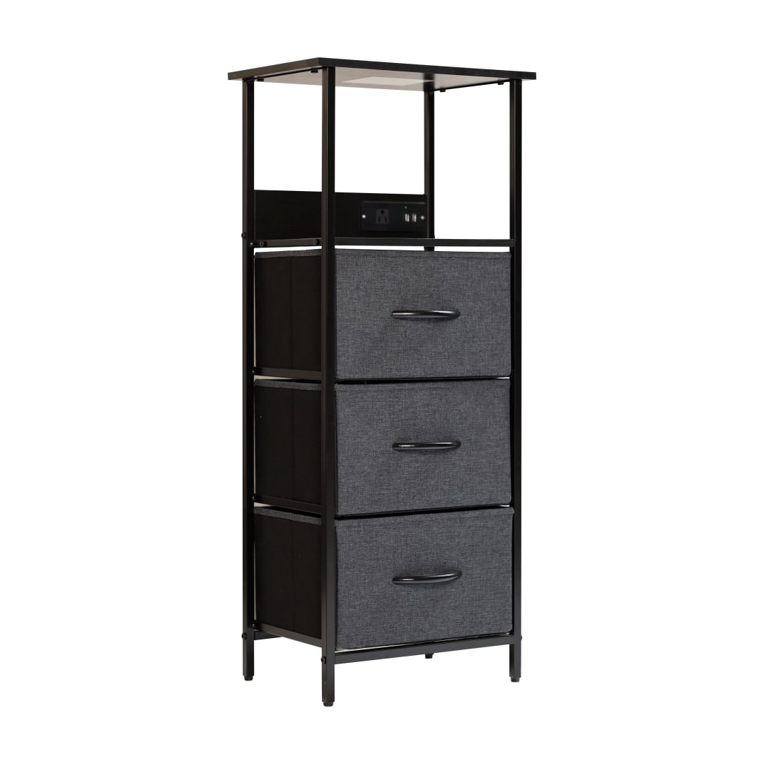 Sodano 3 Drawer Nightstand with Charging Station, 2 USB Ports, 1 Outlet, Black Metal Frame, Black Engineered Wood Top, Charcoal Drawers, Black Handles