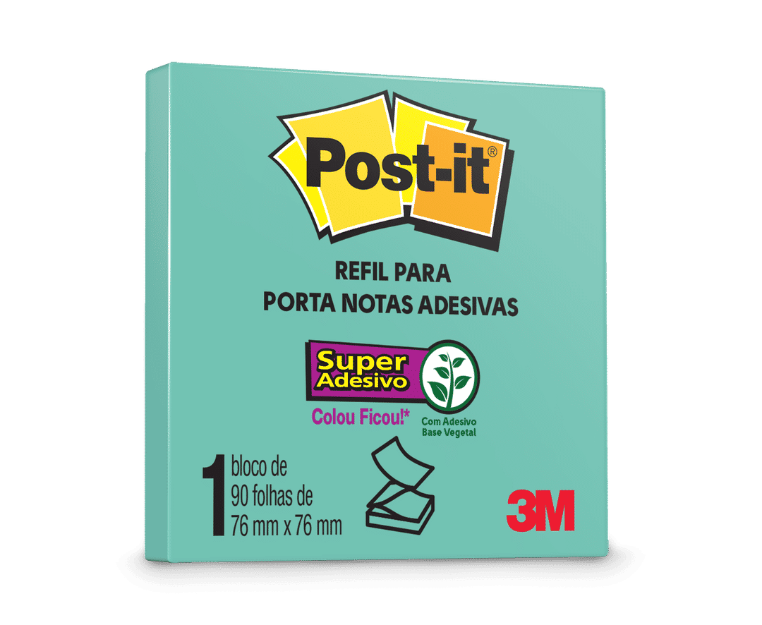 Bloco de Notas Adesivas Post-it®, Refil, Azul Aqua, 76 mm x 76 mm, 90 Folhas
