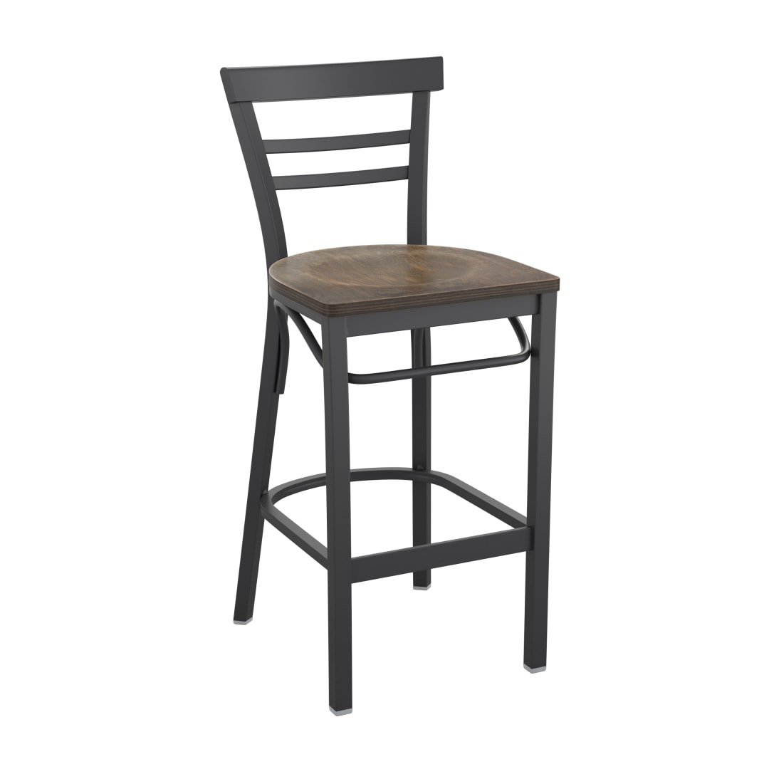 HERCULES Black Two-Slat Ladder Back Metal Restaurant Barstool - Antique Copper Wood Seat