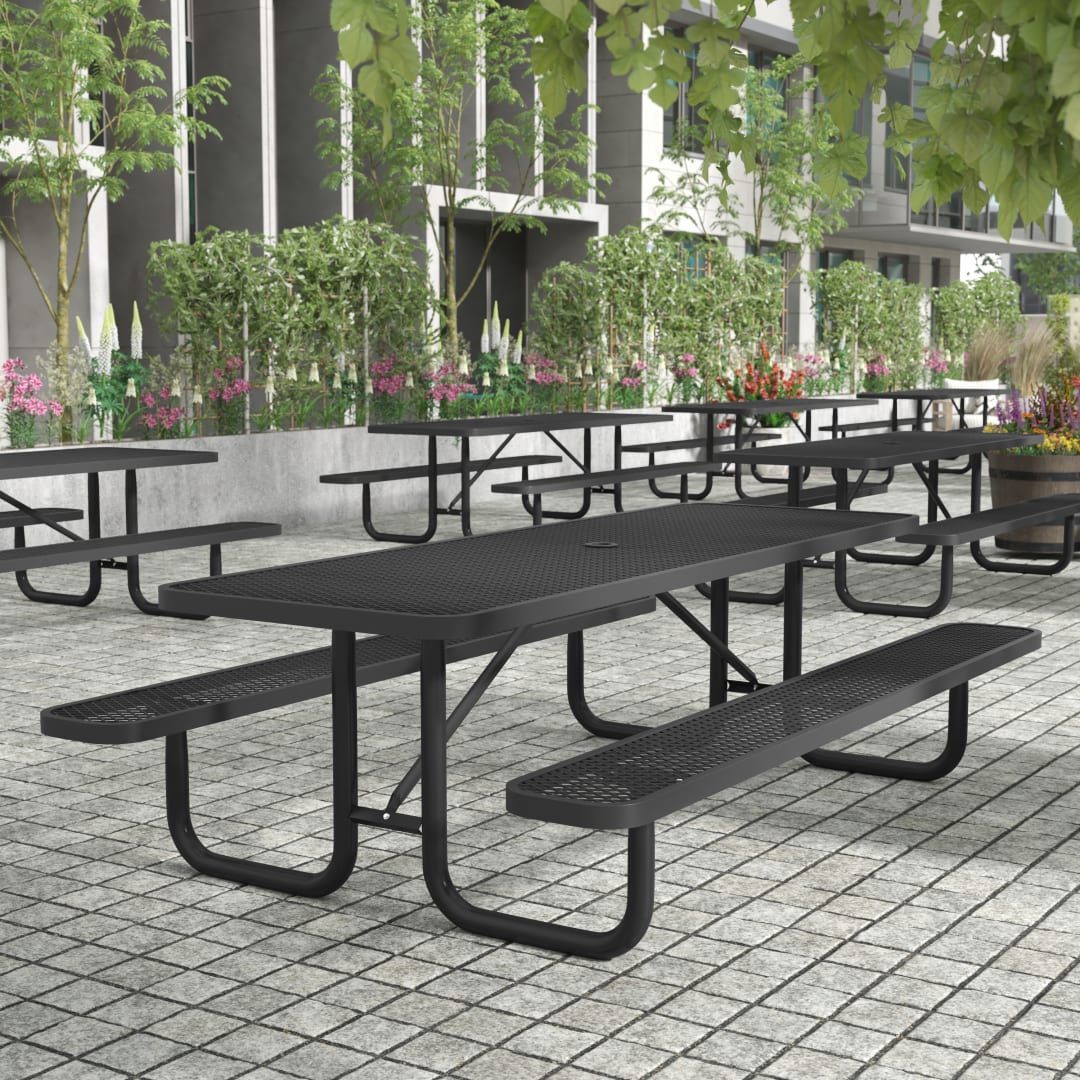 Mantilla 8' Rectangular Outdoor Picnic Table with Commercial Heavy Gauge Expanded Metal Mesh Top and Seats and Steel Frame in Black