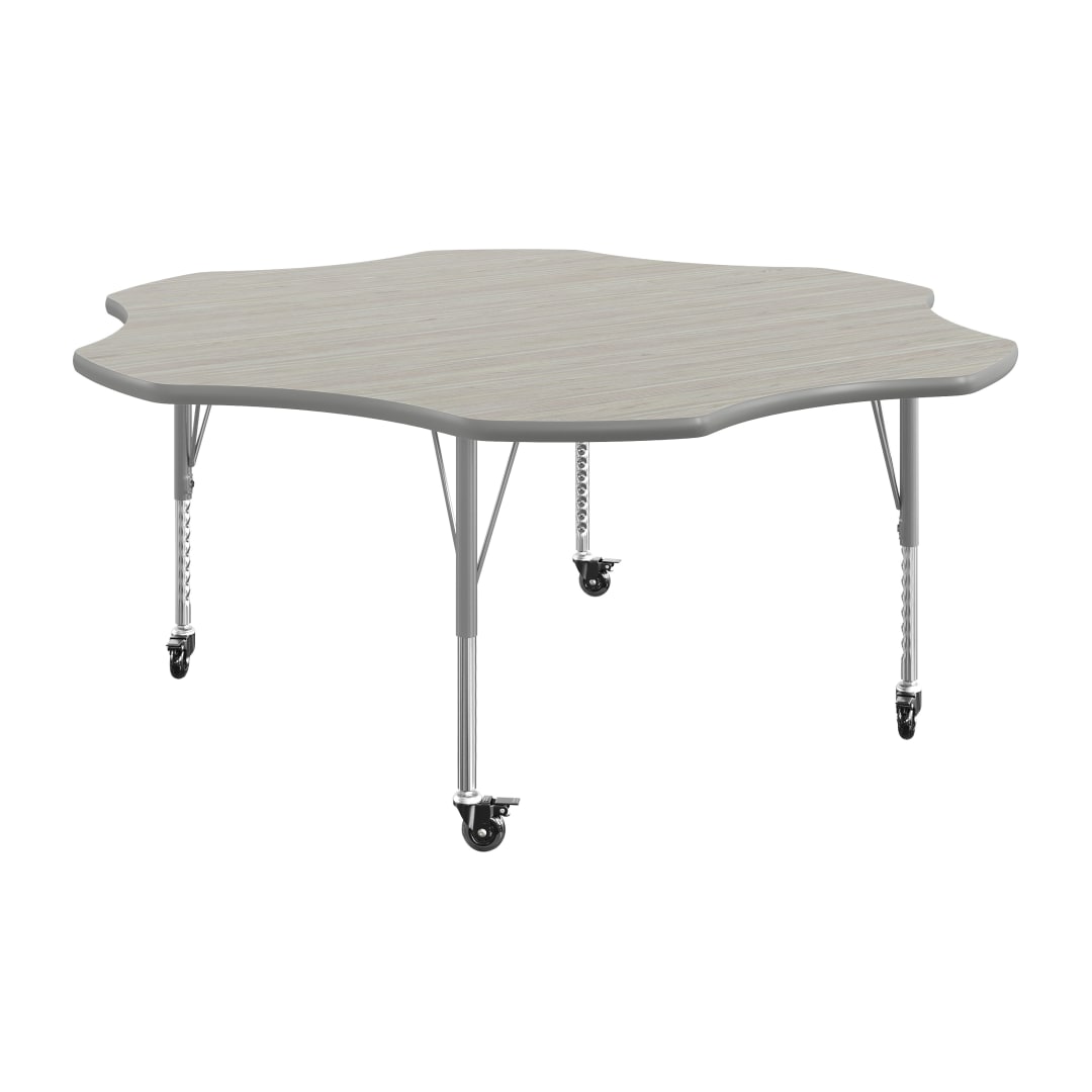 Wren 60" Flower Adjustable Height Activity Table, Thermal Laminate Top, Short Legs with Locking Casters, Light Gray