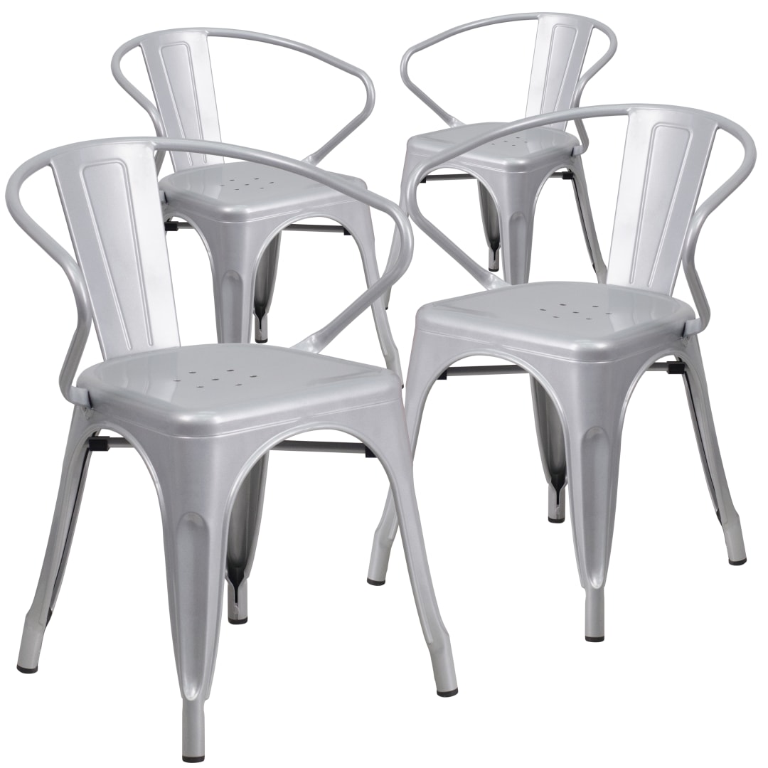 Roy Commercial Grade 4 Pack Silver Metal Indoor-Outdoor Chair with Arms