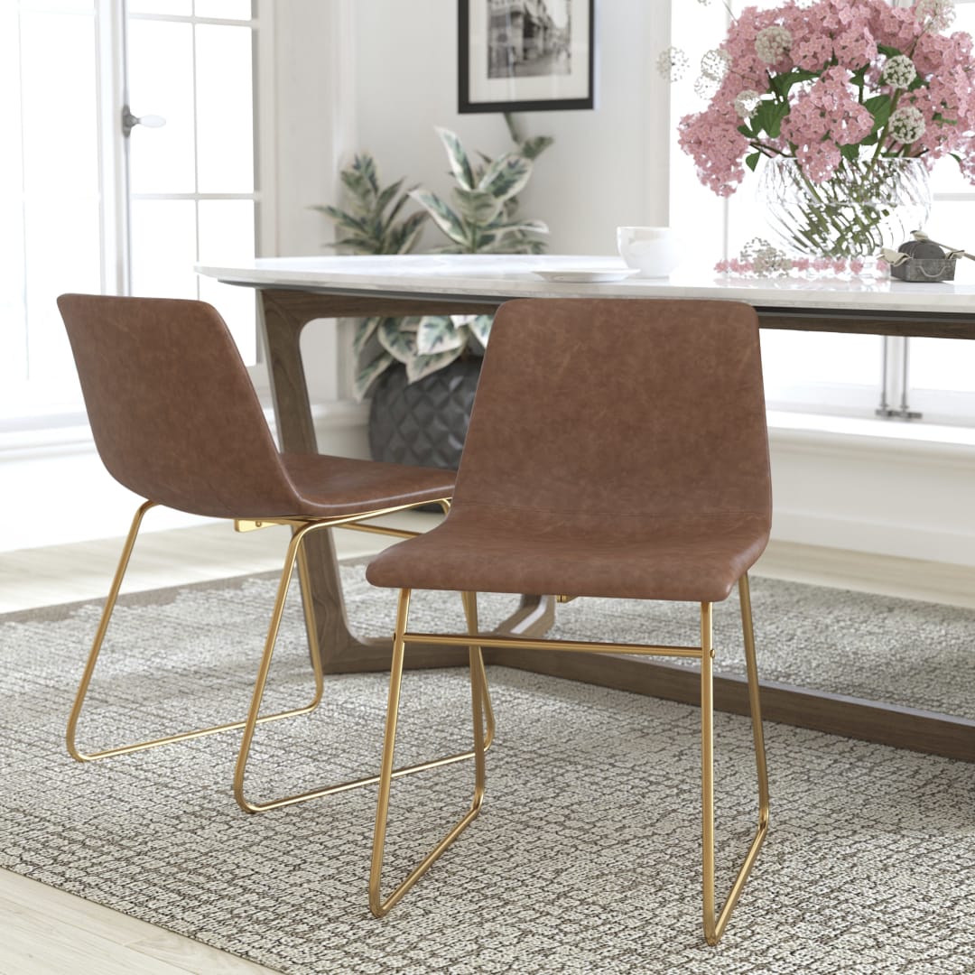 Butler 18 inch Dining Table Height Chair, Mid-Back Sled Base Dining Chair in Light Brown LeatherSoft with Gold Frame, Set of 2