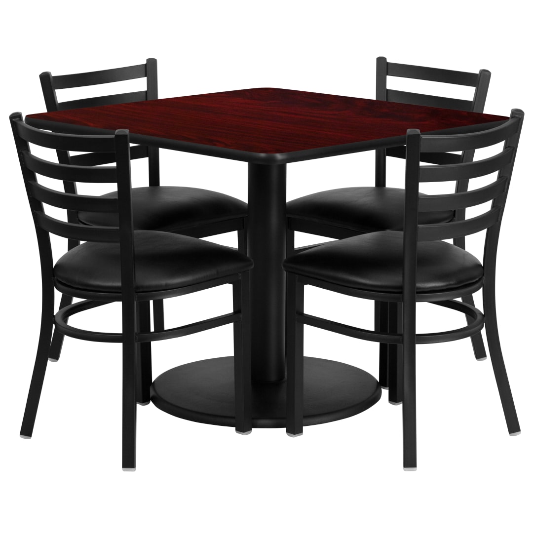 Jamie 36'' Square Mahogany Laminate Table Set with Round Base and 4 Ladder Back Metal Chairs - Black Vinyl Seat