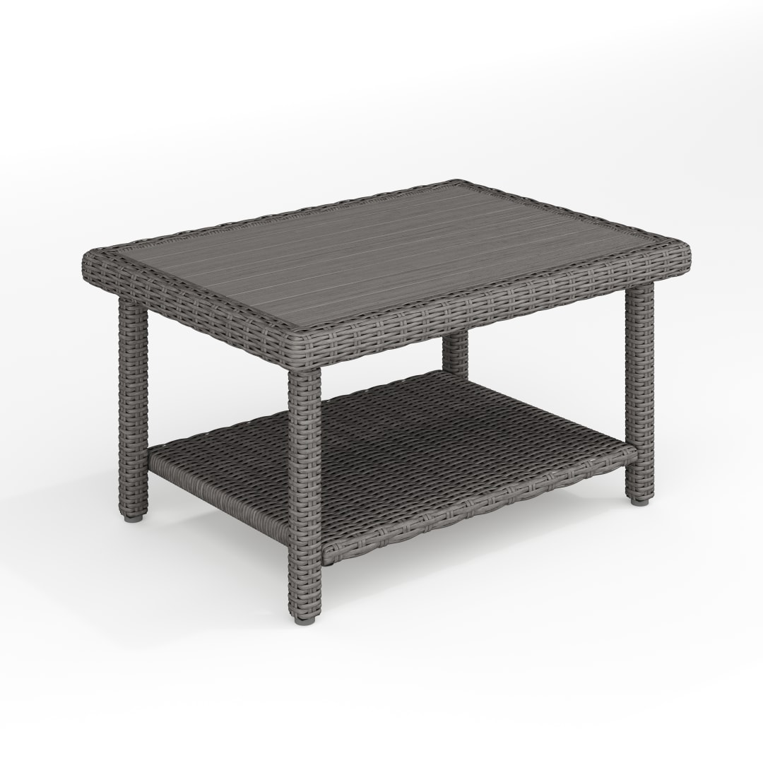 Bedford Indoor-Outdoor Patio Coffee Table with Lower Storage Shelf and Engineered Wood Top in Gray Rattan Wicker