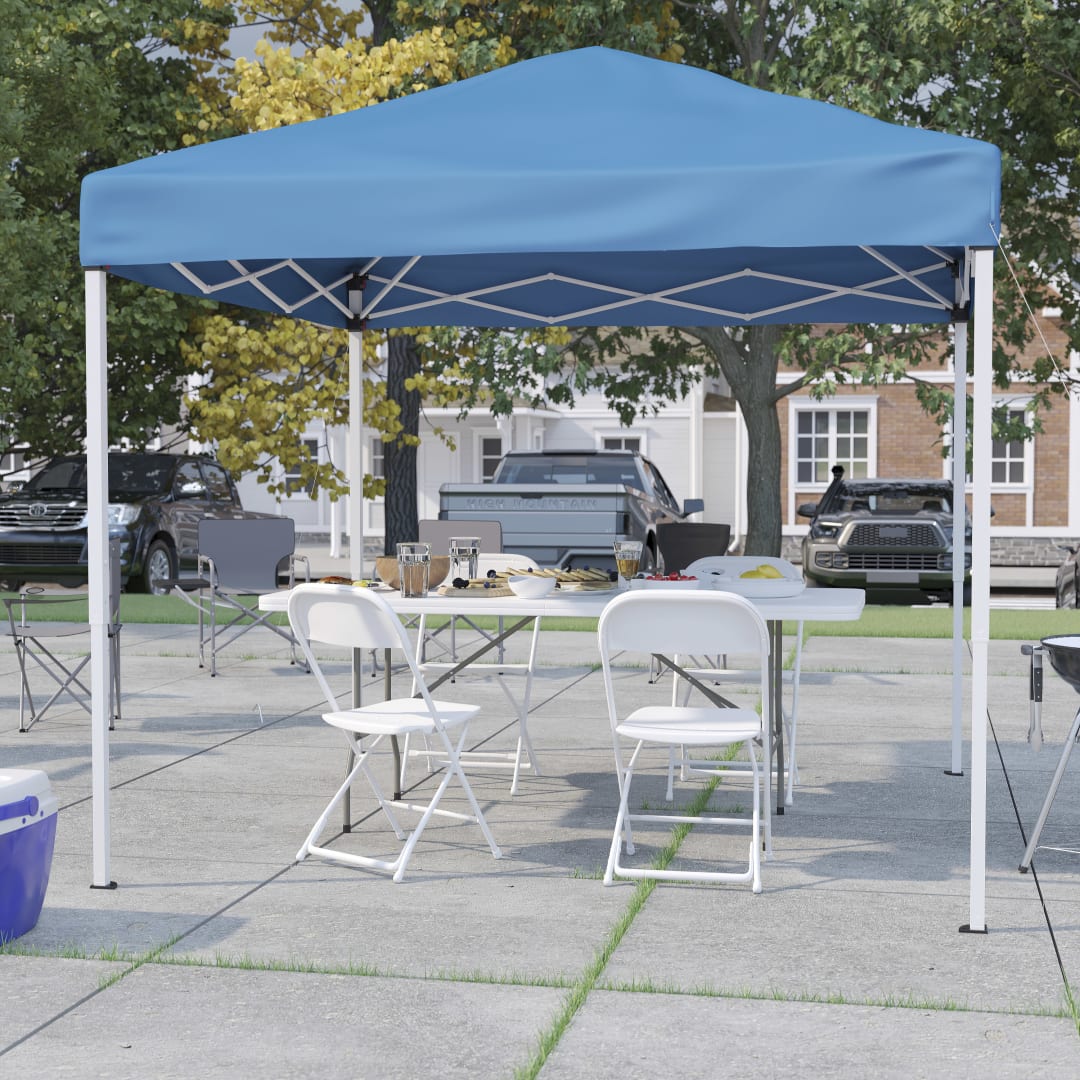 Otis Portable Tailgate/Event Tent Set - 8'x8' Blue Pop Up Canopy Tent, 6-Foot Bi-Fold Table, Set of 4 White Folding Chairs