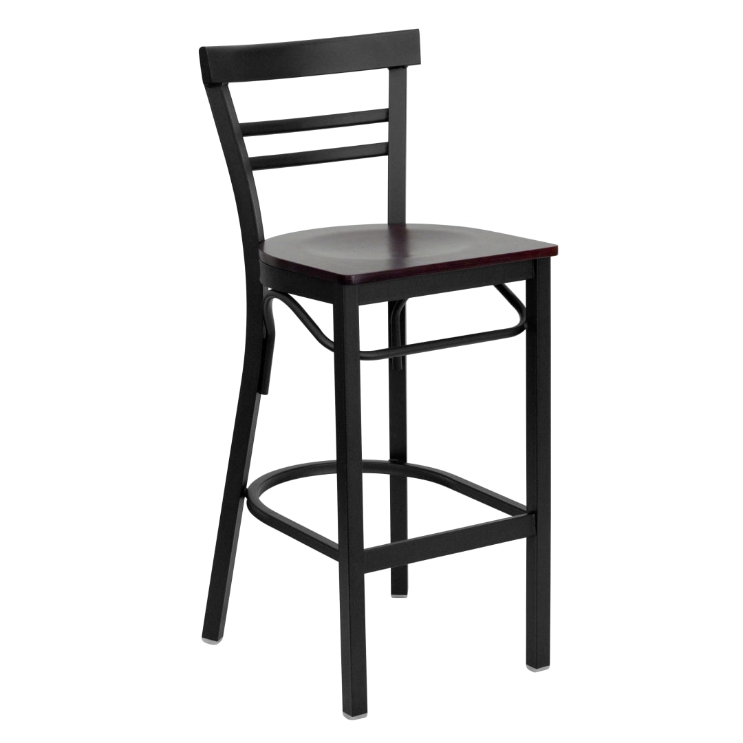 HERCULES Series Black Two-Slat Ladder Back Metal Restaurant Barstool - Mahogany Wood Seat