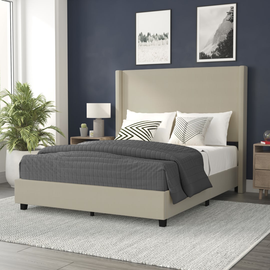 Quinn Queen Upholstered Platform Bed with Channel Stitched Wingback Headboard, Mattress Foundation with Slatted Supports, No Box Spring Needed, Beige