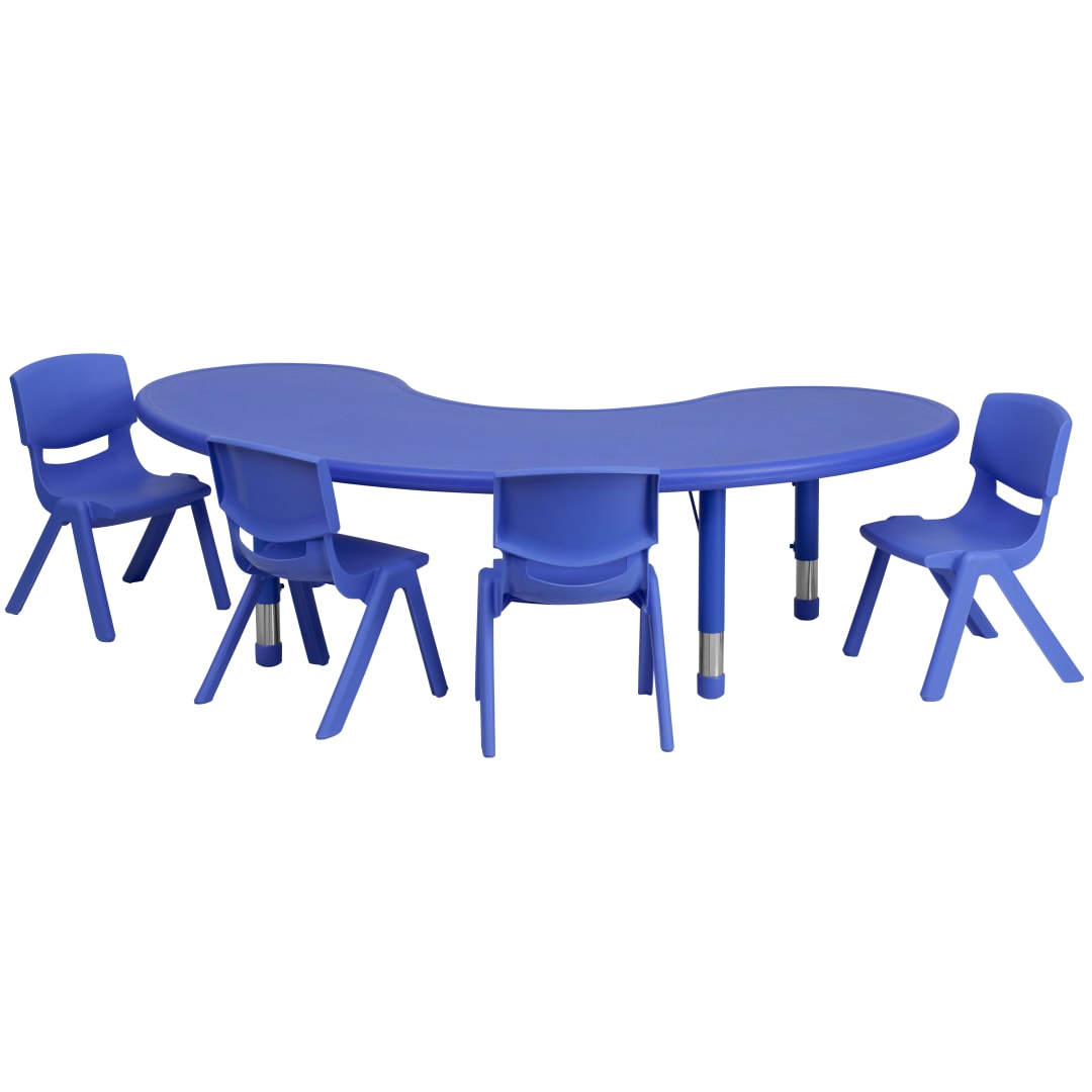 Emmy 35''W x 65''L Half-Moon Blue Plastic Height Adjustable Activity Table Set with 4 Chairs