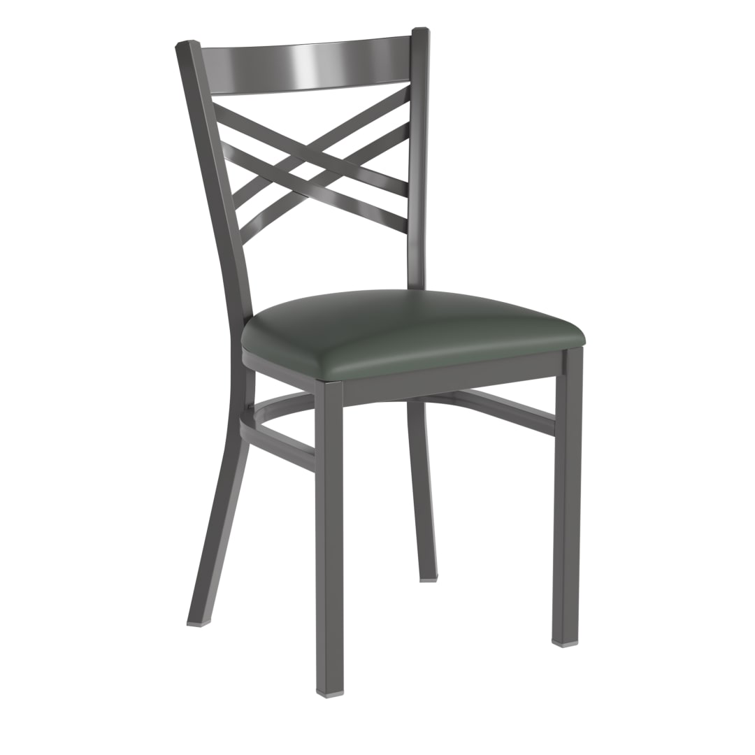 HERCULES Silver Antique Finish with Clear Coat ''X'' Back Metal Restaurant Chair - Green Vinyl Seat
