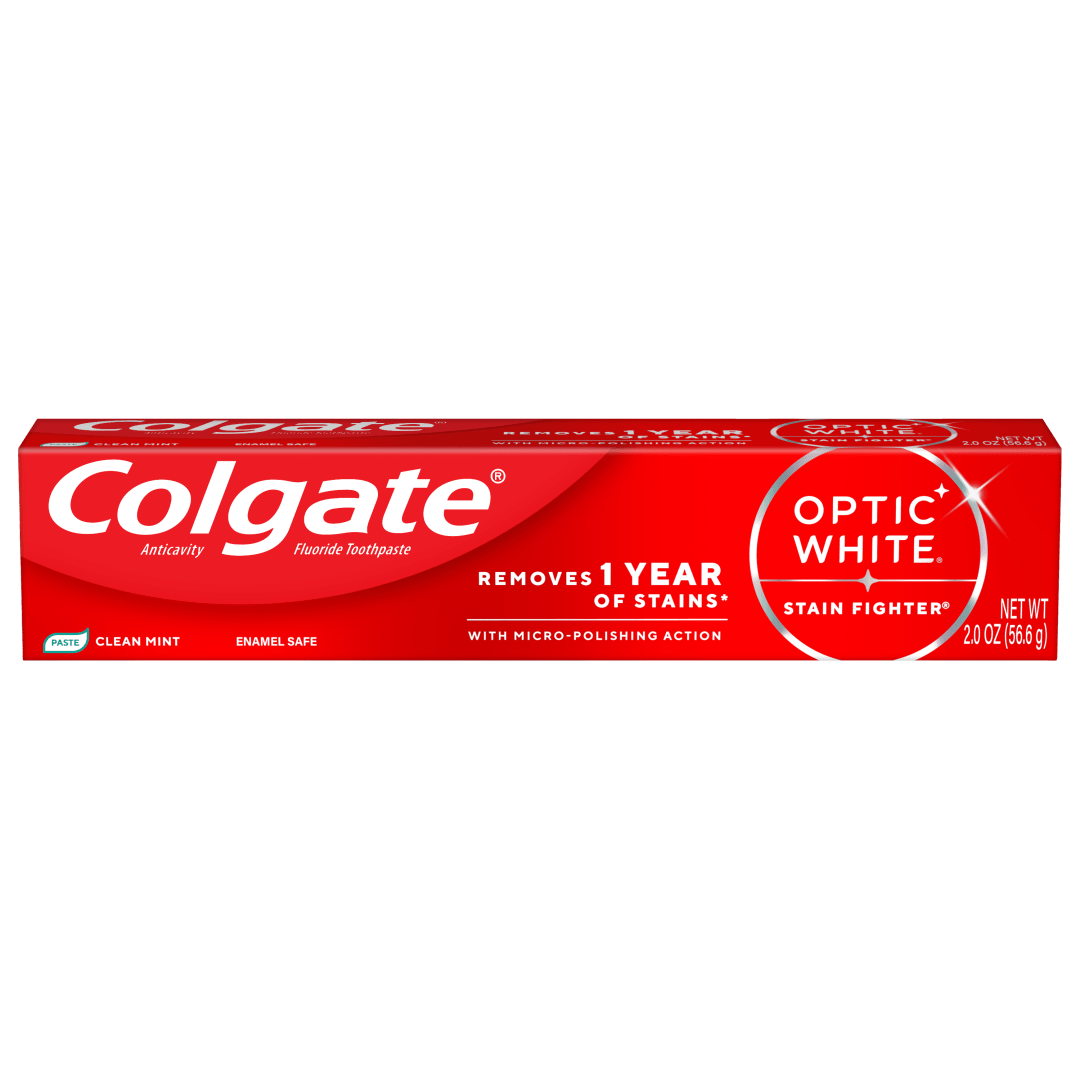Colgate Optic White Stain Fighter Clean Mint Paste Teeth Whitening Toothpaste, Travel Size Anticavity Toothpaste with Fluoride, 2.0 OZ