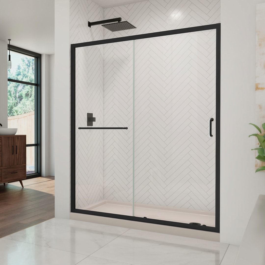 DreamLine Infinity-Z 34 inch D x 60 inch W x 74 3/4 inch H Semi-Frameless Sliding Clear Shower Door in Matte Black with Right Drain Biscuit Shower Base Kit