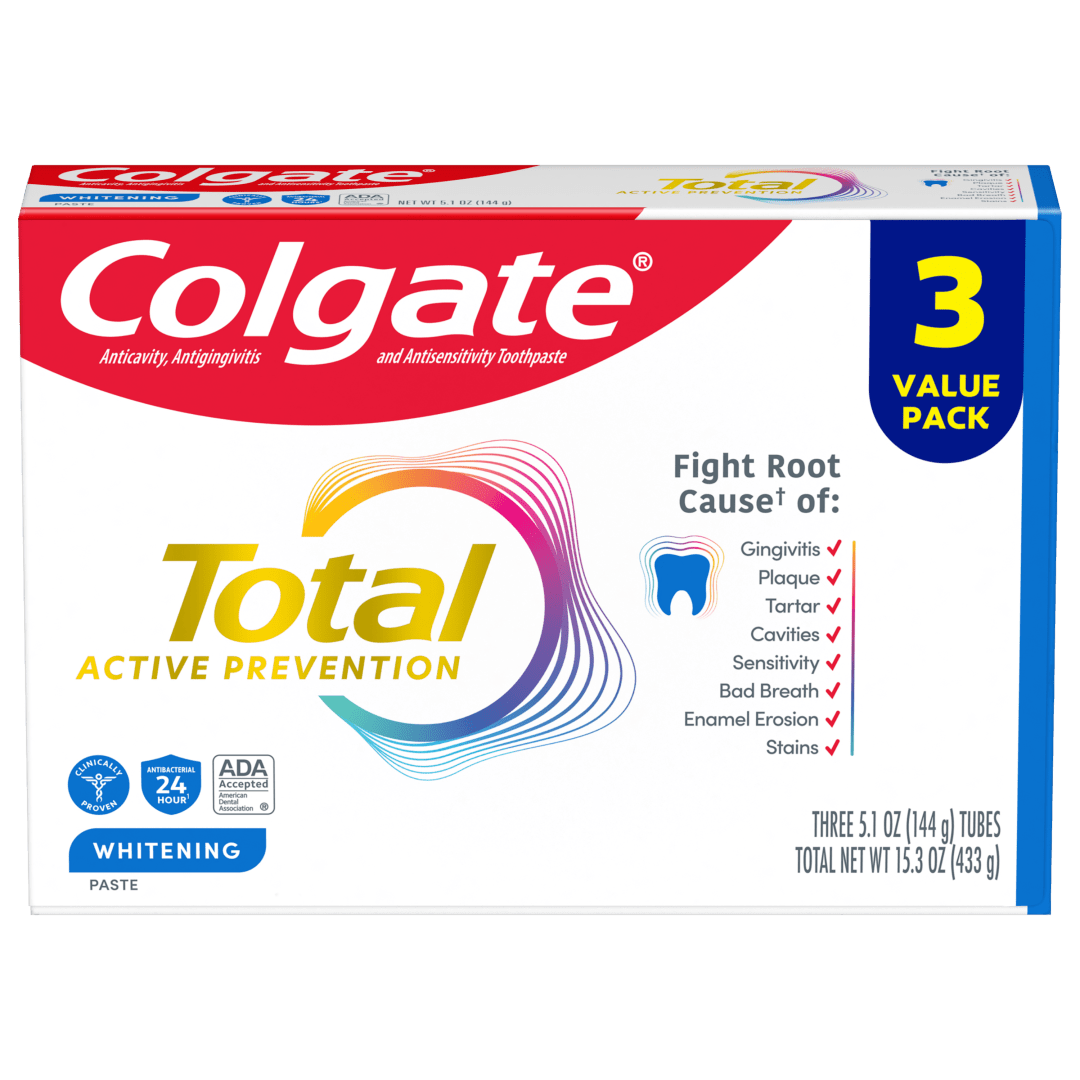 Colgate Total Active Prevention Whitening Toothpaste, Mint, 3 Pack, 5.1 oz
