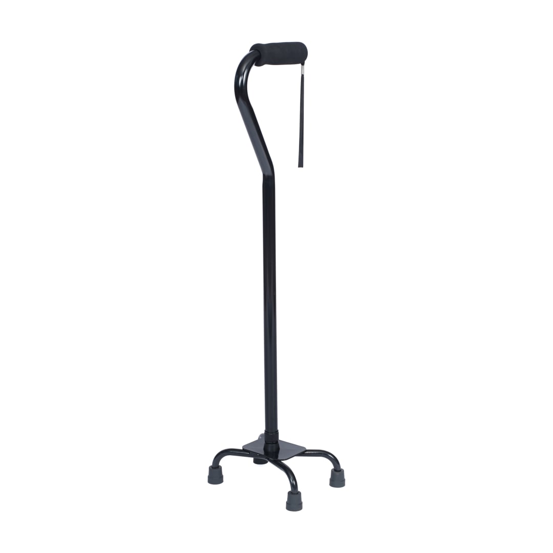 HERCULES Adjustable Quad Cane with Comfort Grip Foam Padded Handle, Large 4-Pronged Base for Stability, and Left or Right Handed Use in Black