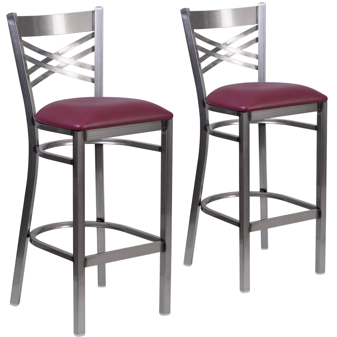 2 Pk. HERCULES Series Silver Antique Finish with Clear Coat ''X'' Back Metal Restaurant Barstool - Burgundy Vinyl Seat