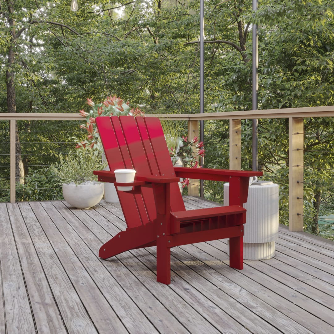 Halifax Adirondack Chair with Cup Holder, Weather Resistant HDPE Adirondack Chair in Red