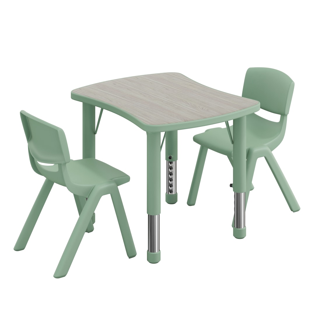 Emmy 3-Piece Kids Height Adjustable Activity Table Set, 26.5" x 21.75" Light Gray Woodgrain Laminate Top, Sage Frame, 2 Sage Chairs