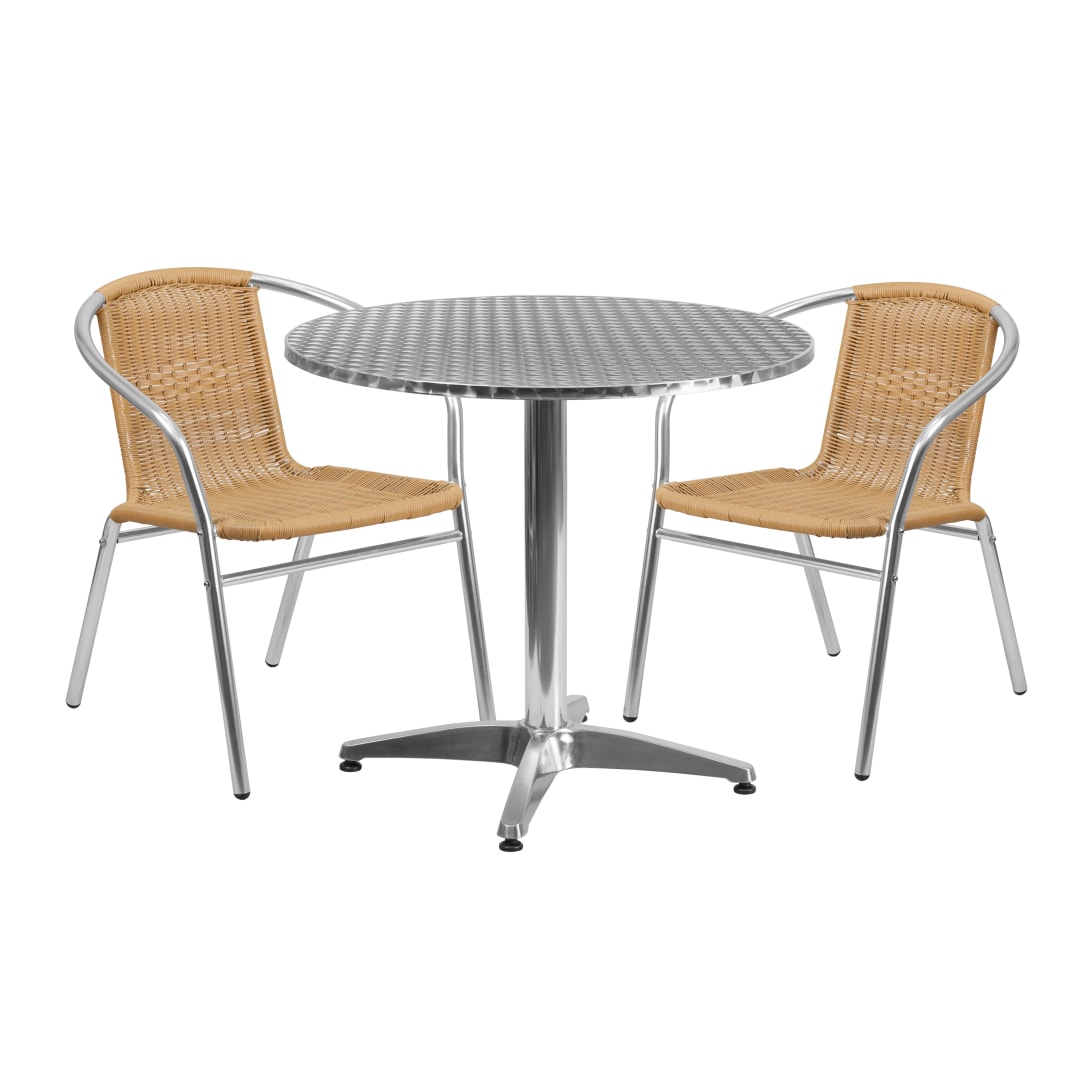Lila 31.5'' Round Aluminum Indoor-Outdoor Table Set with 2 Beige Rattan Chairs