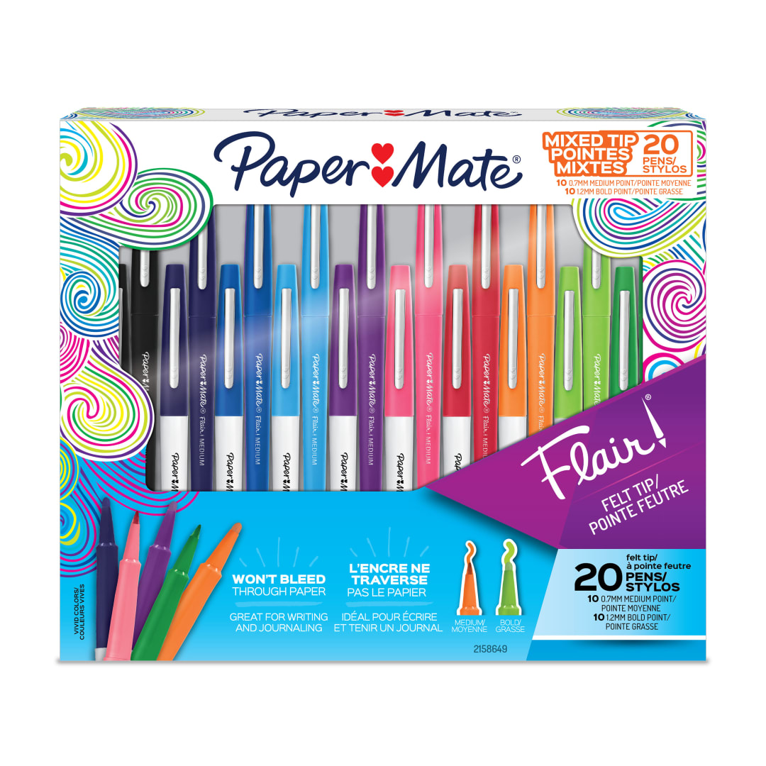 Paper Mate Flair Felt Tip Pens, Ultimate Pack, Bold and Medium Point Pens, Assorted Colors, 20 Count