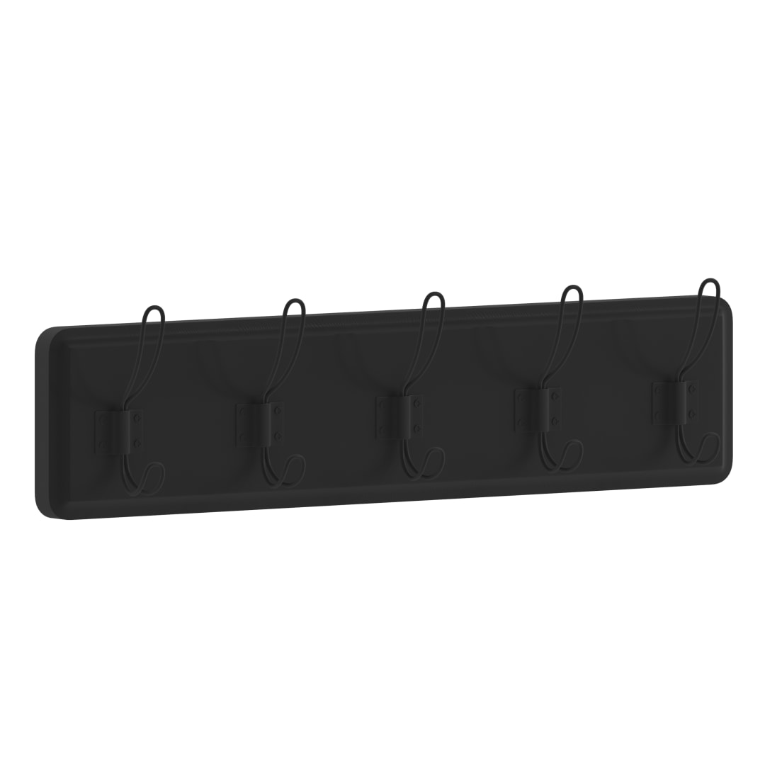 Daly Wall Mounted 24 Inch Black Solid Pine Wood Storage Rack with 5 Hooks For Entryway, Kitchen, Bathroom