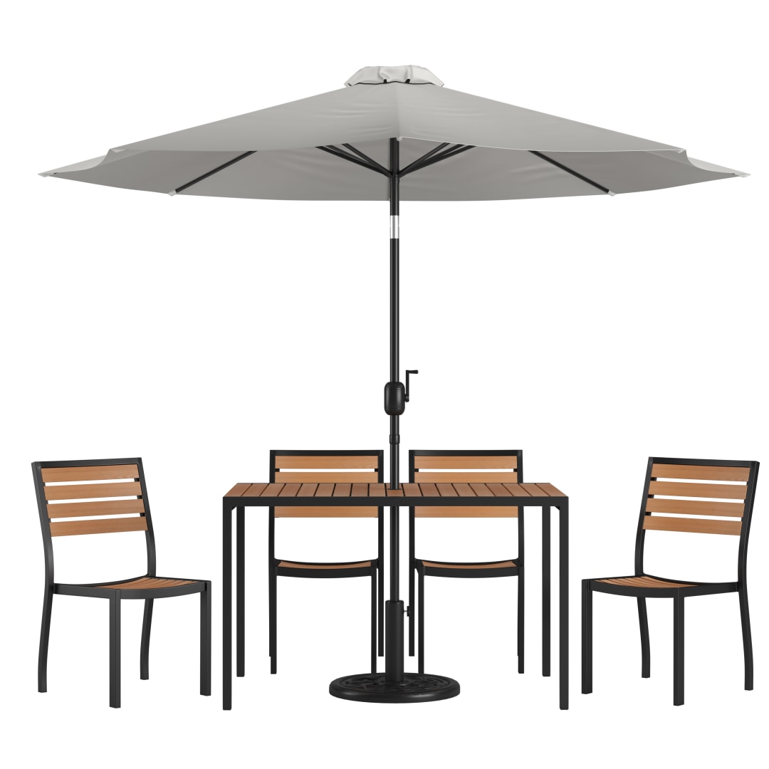 Lark 7 Piece All-Weather Deck or Patio Set - 4 Stacking Faux Teak Chairs, 30" x 48" Faux Teak Table, Gray Umbrella & Base