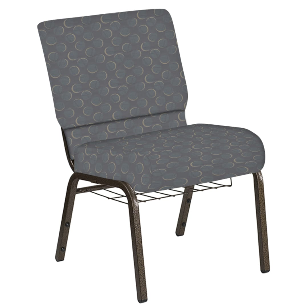 Embroidered 21''W Church Chair in Cirque Smoke Fabric with Book Rack - Gold Vein Frame