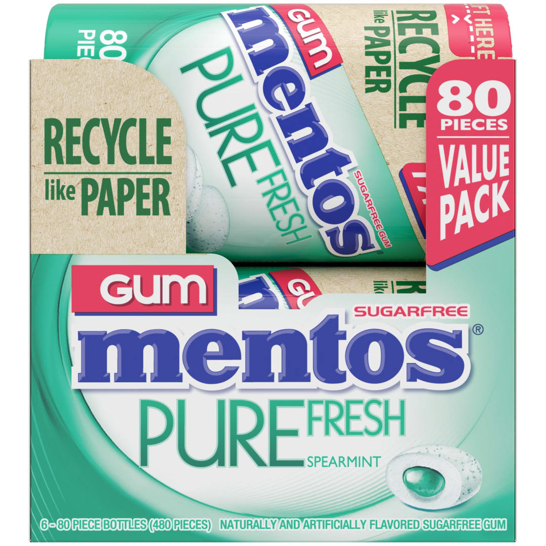 Mentos Gum Pure Fresh Sugar Free Chewing Gum Spearmint 80 pc Paperboard Bottles - 6 Pack