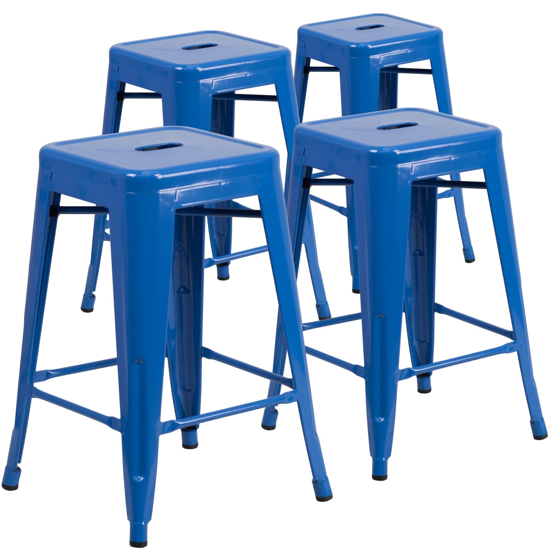 Lily 4 Pack Commercial Grade 24" High Backless Blue Metal Indoor-Outdoor Counter Height Stool with Square Seat