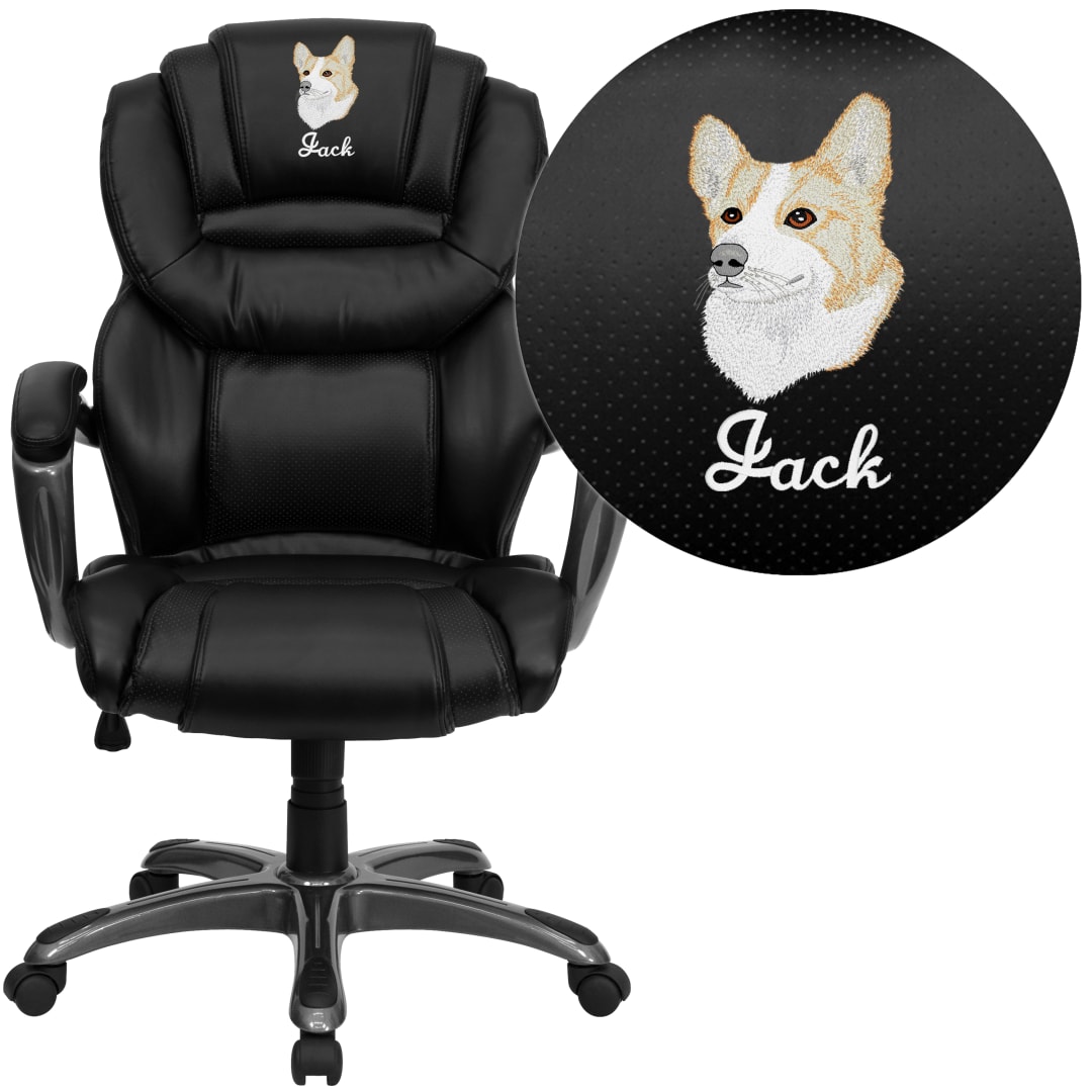 Stella Embroidered High Back Black LeatherSoft Executive Swivel Ergonomic Office Chair with Arms