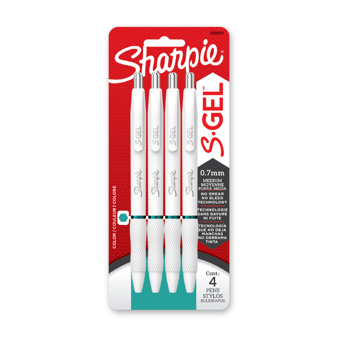 Sharpie S-Gel Pens, Pearl White Body, Medium (0.7mm) Point, Teal Ink, 4 Count