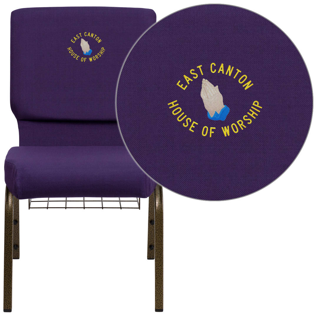 Embroidered HERCULES Series 18.5''W Church Chair in Royal Purple Fabric with Cup Book Rack - Gold Vein Frame