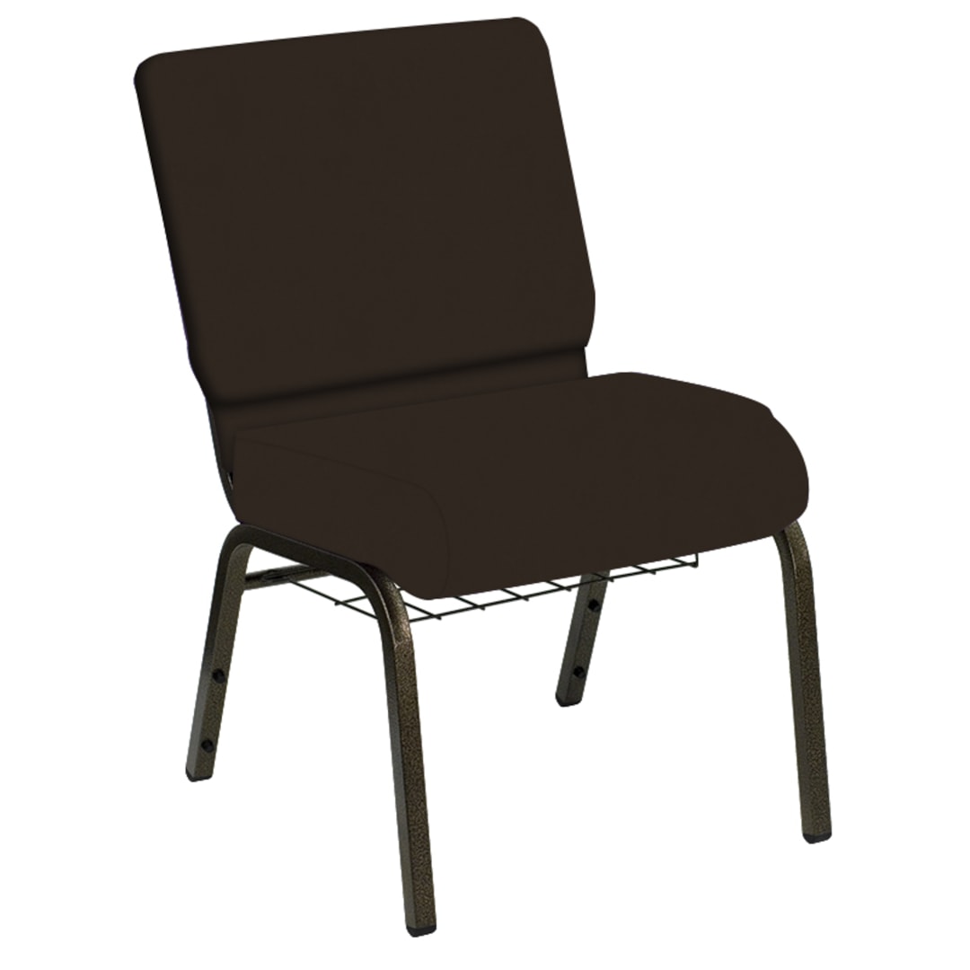 Embroidered HERCULES Series 21''W Church Chair in EZ Wallaby Espresso Vinyl with Book Rack - Gold Vein Frame