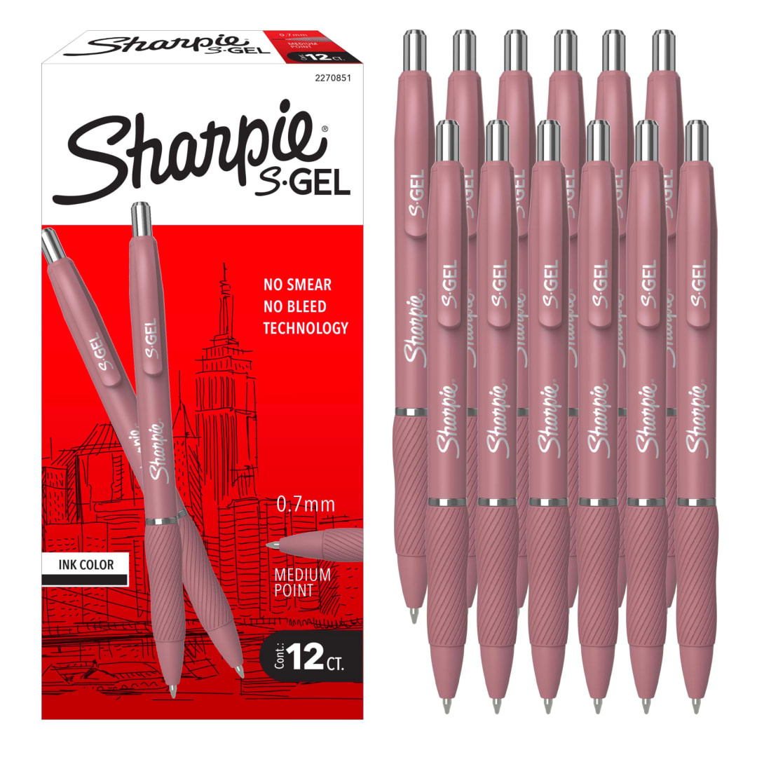 Sharpie S-Gel, Gel Pens, Medium Point (0.7mm), Bold Blush Barrel, Black Ink, 12 Count
