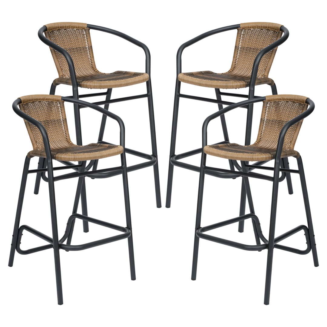4 Pack Lila Set of 4 Commercial Grade Medium Brown Rattan Indoor-Outdoor Restaurant Barstool