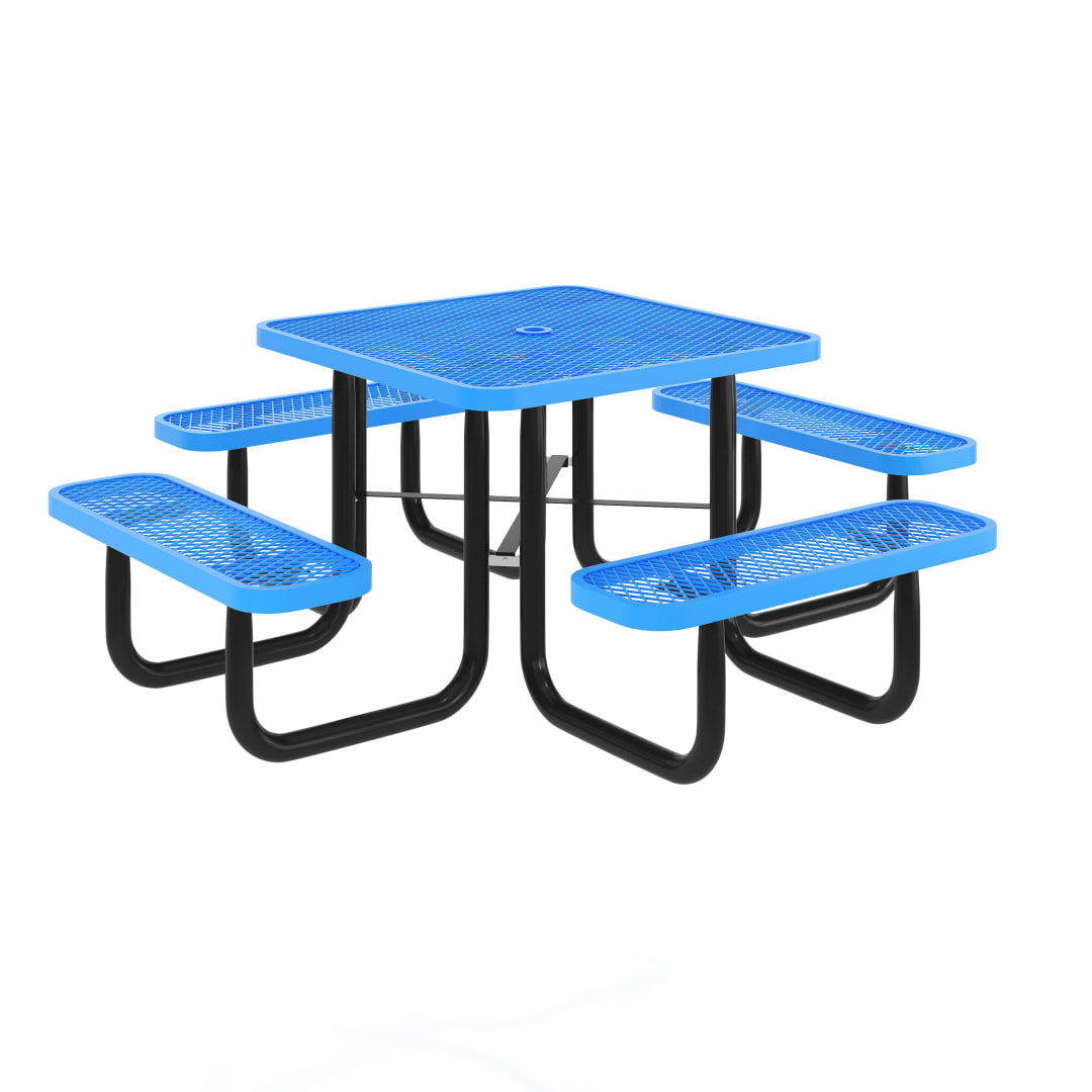 Creekside 46" Square Outdoor Picnic Table with Commercial Heavy Gauge Expanded Metal Mesh Seats and Top with Umbrella Hole and Ground Anchors, Blue