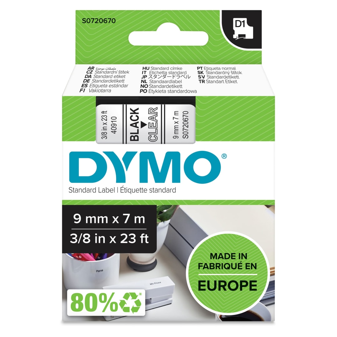 DYMO® Authentic D1 Labels, Black Print on Clear Tape, 9 mm x 7 m, Self-Adhesive Labels for LabelManager Label Makers, Made in Europe