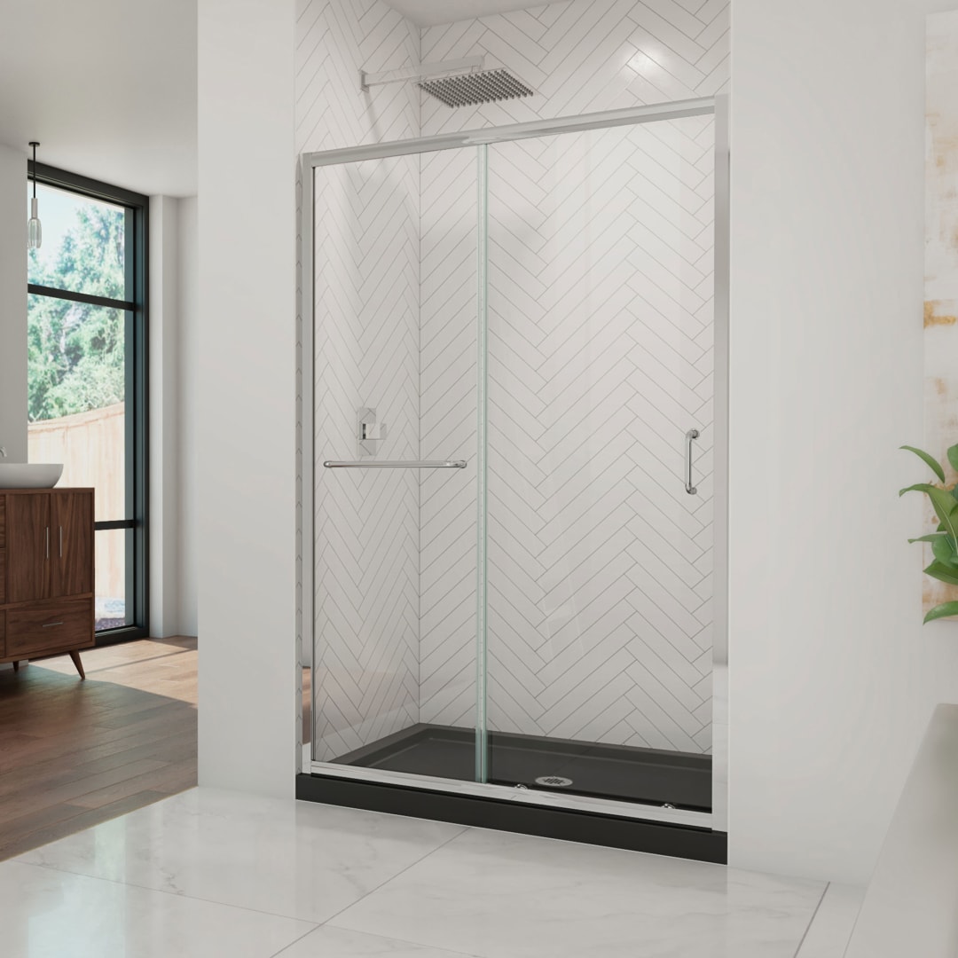 DreamLine Infinity-Z 36 inch D x 48 inch W x 74 3/4 inch H Semi-Frameless Sliding Clear Shower Door in Chrome with Center Drain Black Shower Base Kit