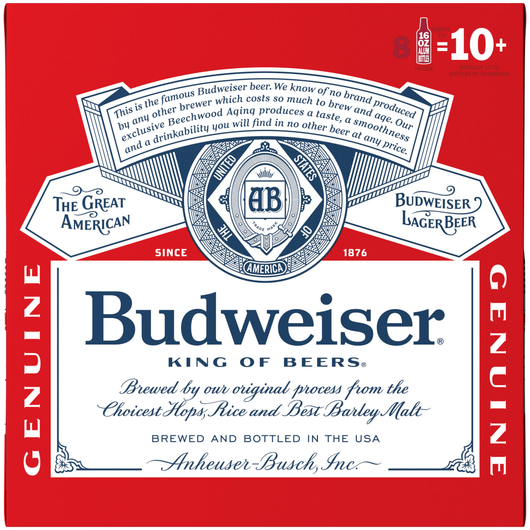 Budweiser American Lager Beer 8 Pack, 16 fl oz Aluminum Bottles
