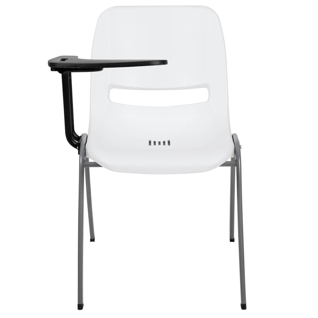 HERCULES 5 Pack White Ergonomic Shell Chair with Right Handed Flip-Up Tablet Arm